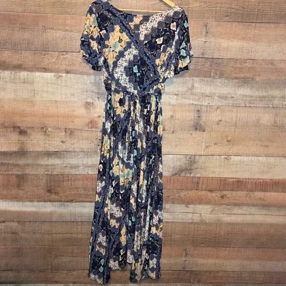 🌻 Abel The Label Anthropologie Ghandi Blue Floral Maxi Dress size Small - Picture 6 of 12
